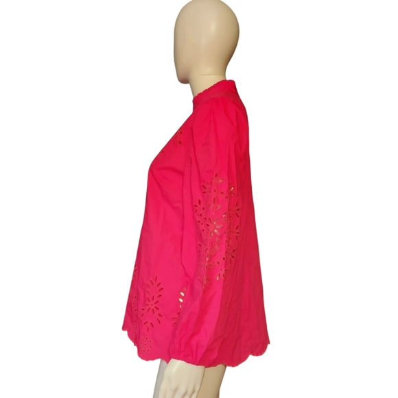 J.Crew Mock Neck Embroidered Eyelet Cotton Poplin Top In Fuschia Blossom - Picture 4 of 16